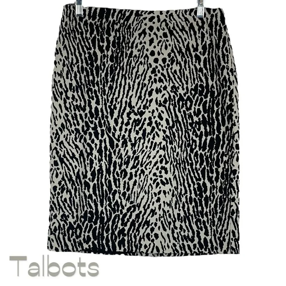 Talbots Black Cream Animal Print Pencil Skirt NWOT Size 6